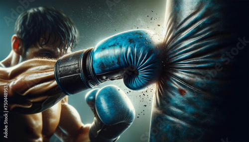 Image showing a close-up of a boxer s hand  wearing a boxing glove  delivering a powerful punch to a leather punching bag. The moment of impact is frozen  allowing the intensity and energy to be conve