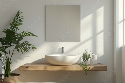 Modern bathroom interior with wooden shelf and green plants