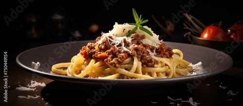 Savoring a Delectable Plate of Pasta with Savory Meat and Rich Cheese under a Vibrant Sky