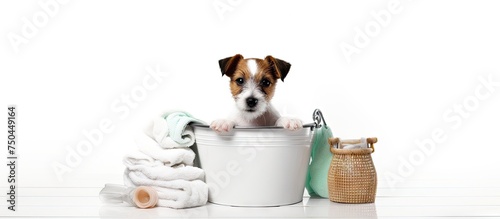 Curious Jack Russell Terrier Puppy with Cleaning Supplies in a White Bucket