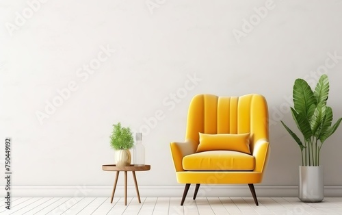 Scandinavian indoor design. Warm toned living room interior wall mockup with a yellow armchair and a background of a white wall  green plants. AI Generative.