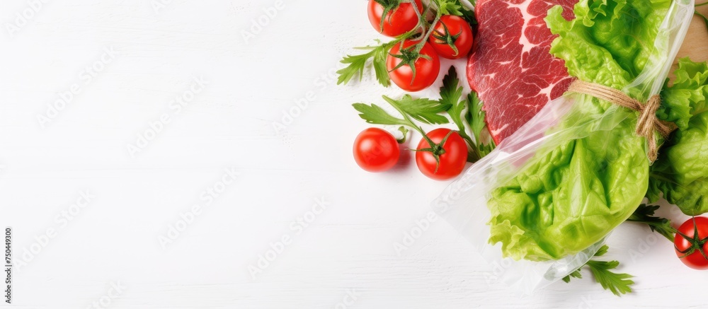 Assorted Fresh Veggies with Vibrant Lettuce Leaves in Shopping Bag on White Background Assorted Fresh Veggies with Vibrant Lettuce Leaves in Shopping Bag on White Background