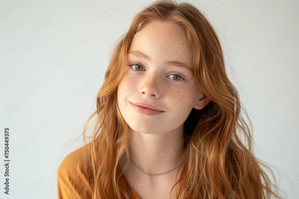 A girl with red hair is smiling and looking at the camera A girl with red hair is smiling and looking at the camera