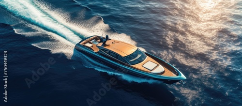 Elegant Rio Yachts Luxury Motor Boat Cruising Smoothly with Aerial View photo