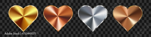 Set of heart shaped holograms. Aluminum, silver, copper, brass, gold, bronze color gradient. Multicolored metal texture.3d vector illustration on a black background.