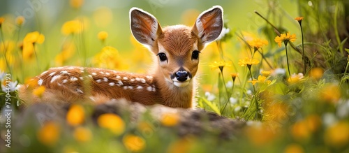 Adorable Fawn Rests Among Wildflowers in a Serene Meadow Setting © HN Works
