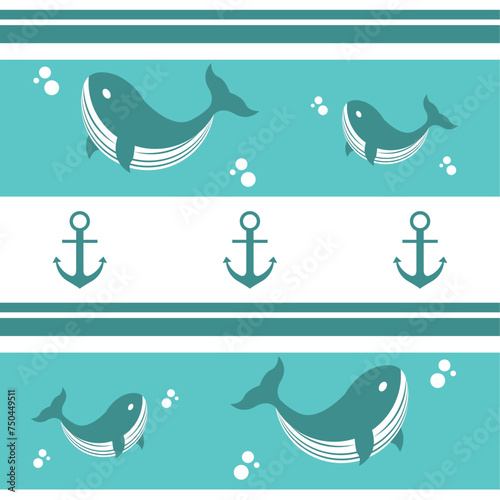 Pattern of whales, anchors and bubbles. Cute decorative seamless design for wallpaper, fabric, textiles and backgrounds and kids bedrooms. 