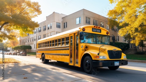 A school bus parked in front of a school