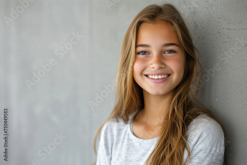 A girl with long brown hair is smiling at the camera
