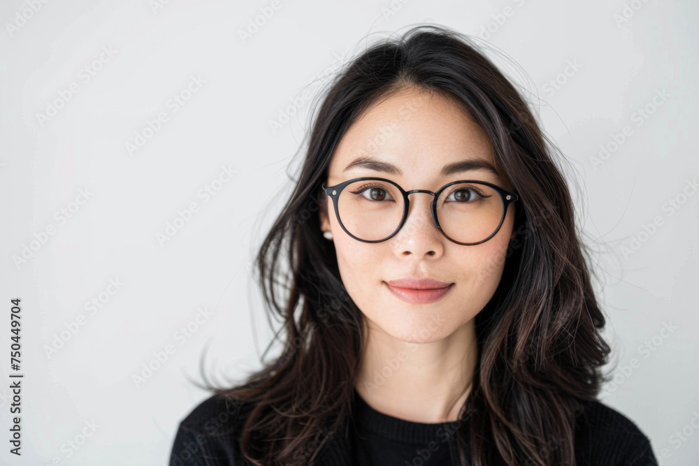 Beautiful studio portrait of young, stylish, beautiful asian woman, long hair, with modern design eye glasses looking at camera with confidence on white background