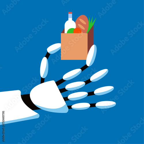 Bringing groceries to food bank. Robot arm holding a donation box with food. Awareness and charity concept. Background, poster, banner, flyer. Flat vector illustration.