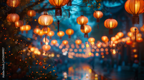 Vibrant red and orange Chinese lanterns hang across a street bustling with festive atmosphere, casting a warm glow that illuminates decorations and creates a blurred, bokeh background effect.