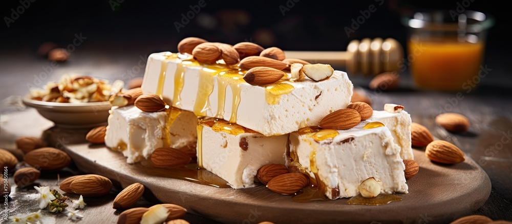 Delicious Sardinian Nougat with Hazelnut Almonds and Honey - Close-up Shot of a Sweet Confection - obrazy, fototapety, plakaty 
