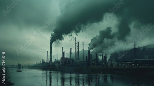 Industrial landscape showing a factory with multiple smokestacks emitting thick smoke into the atmosphere