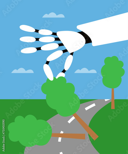 Clearing an obstacle from the way with ai robot. Flat vector illustration.