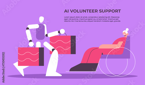 Mutual Support. Buying groceries for ill neighbor. AI Robot carrying shopping bags for women on wheelchair. Metaphor of voluntary, collaborative exchanges of services. Flat vector illustration.