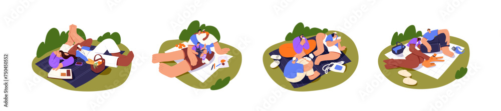 People have a picnic set. Happy family relaxes in nature. Couple spends time together outdoor. Friends lying on blanket on grass, play, fun in summer park. Flat isolated vector illustration on white