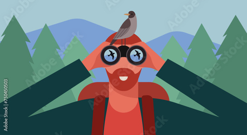 Man with Binoculars Enjoying Bird Watching in the Forest, Exploring Nature and Outdoor Adventure Activity Concept, Vector Flat Illustration Design