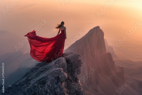 A woman in a flowing red dress stands on a cliff  silhouette ethereal against the sunset sky. International women s day