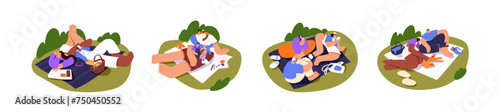 People have a picnic set. Happy family relaxes in nature. Couple spends time together outdoor. Friends lying on blanket on grass, play, fun in summer park. Flat isolated vector illustration on white
