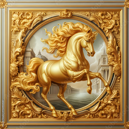 statue of a horse  gold, statue, religion, art, architecture, sculpture, ancient, god, thai, golden,Ai generated 