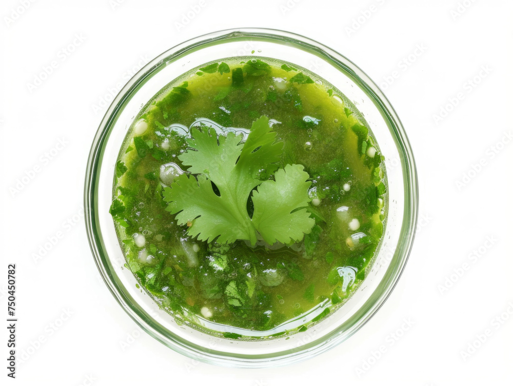 Top-down view of smoothly textured salsa verde garnished with a cilantro leaf isolated on a white background. Fresh Mexican sauce concept for culinary design Top-down view of smoothly textured salsa verde garnished with a cilantro leaf isolated on a white background. Fresh Mexican sauce concept for culinary design