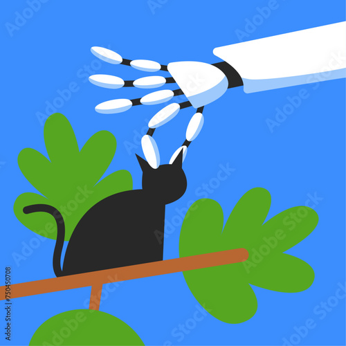 Mutual support: Rescue a cat from a tree. Metaphor of voluntary, joint exchange of resources and services. Flat vector illustration.