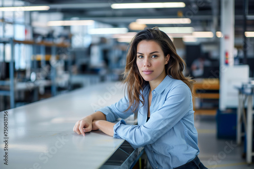 A woman is sitting at a counter in a factory