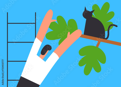 Mutual support: Man Rescue a cat from a tree. Metaphor of voluntary, joint exchange of resources and services. Flat vector illustration.