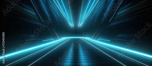 Background wall with neon lines and rays. A futuristic corridor with glowing blue neon lights leading into the darkness, creating a sense of depth and mystery.