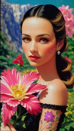 A portrait of a beautiful woman with dark hair and large pink flower, set against a mountainous backdrop.