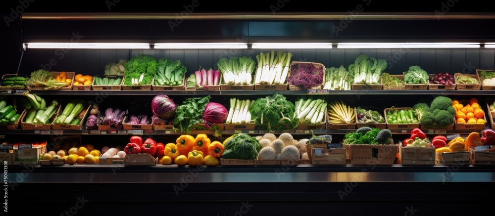 Vibrant Fresh Produce Displayed on Shelves in a Sunlit Market Setting