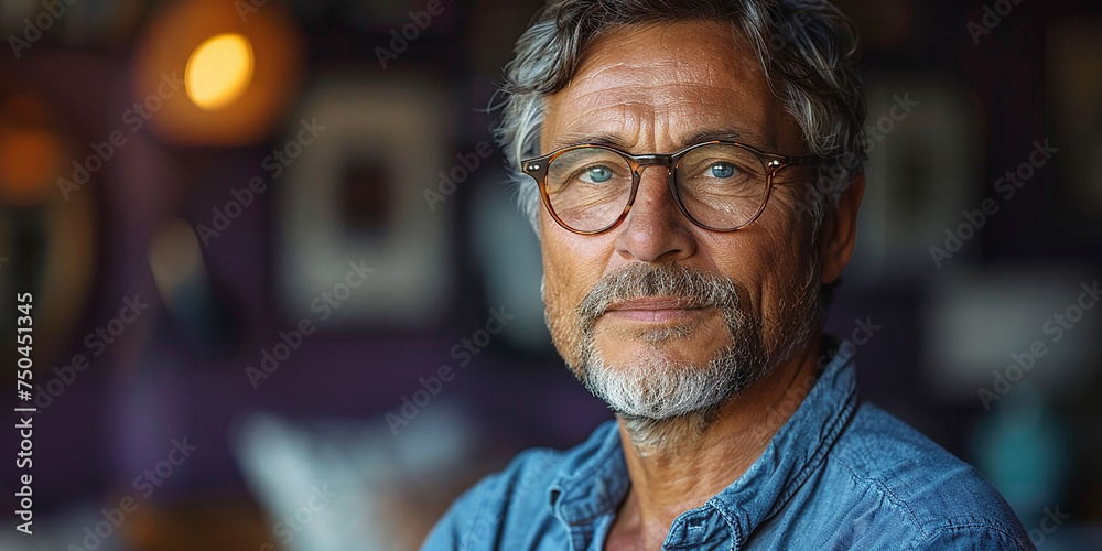 portrait of a handsome middle-aged man, 50 years old, with gray hair and a beard. - obrazy, fototapety, plakaty 