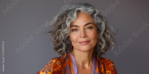 portrait of a beautiful middle-aged woman  50 years old  with gray hair.