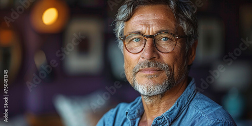portrait of a handsome middle-aged man, 50 years old, with gray hair and a beard.