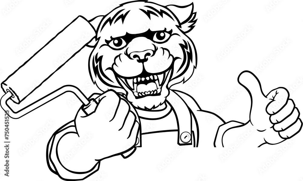 A tiger painter decorator handyman cartoon construction man mascot character holding a paint roller tool
