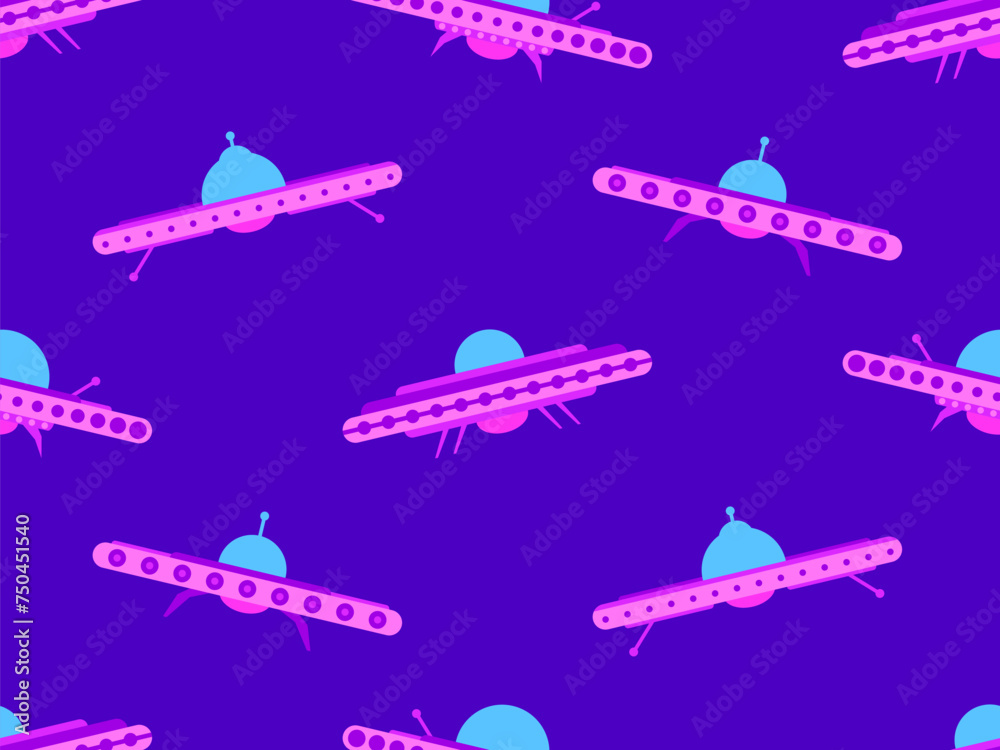 Naklejka premium Seamless pattern with UFO in flat style. Background with alien spaceships and space flying saucers. Alien spaceships. Design for print, banners and advertising. Vector illustration