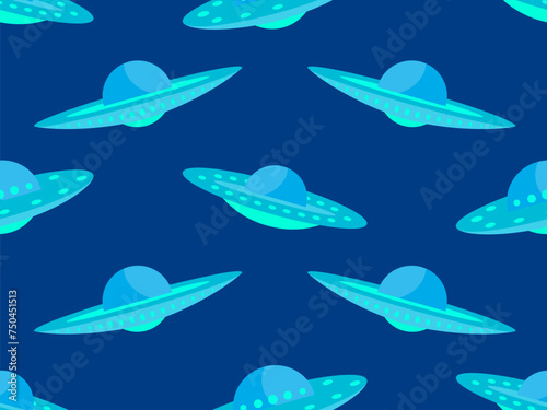 Seamless pattern with alien spaceships. Background with UFO and space flying saucers. UFO in the form of a saucer with lights. Design for print  banners and advertising. Vector illustration