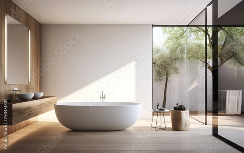Modern design. Chic and minimalist bathroom with a standalone tub  a large mirror and clean white fixtures. Natural materials  calm and simple interior design. AI Generative.