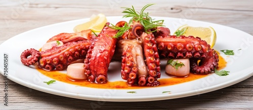 Exquisite Steamed Octopus Tentacles Served on White Plate with Zesty Lemon Wedges