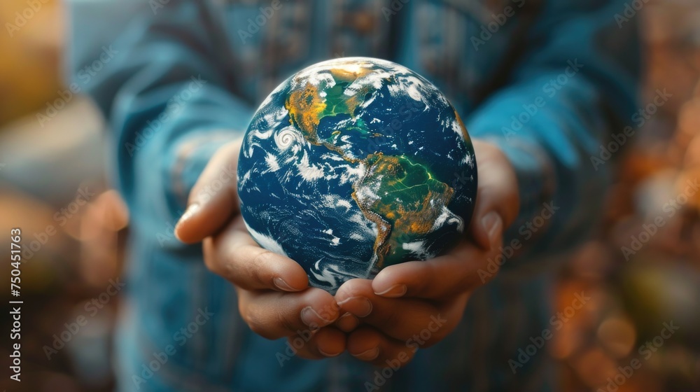 Person holding a small globe in their hands. Suitable for educational and travel concepts Person holding a small globe in their hands. Suitable for educational and travel concepts