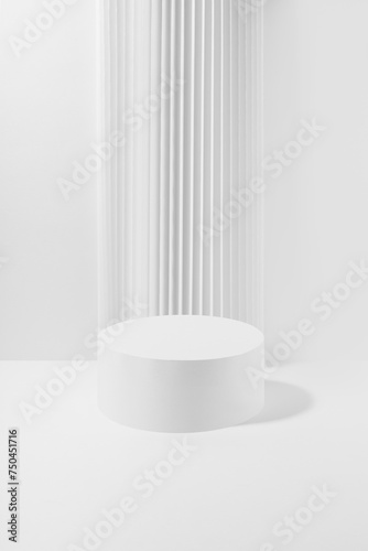 One white round podium with striped column as geometric decor, mockup on white background. Template for presentation cosmetic products, gifts, goods, advertising, design, showing, soft summer style.