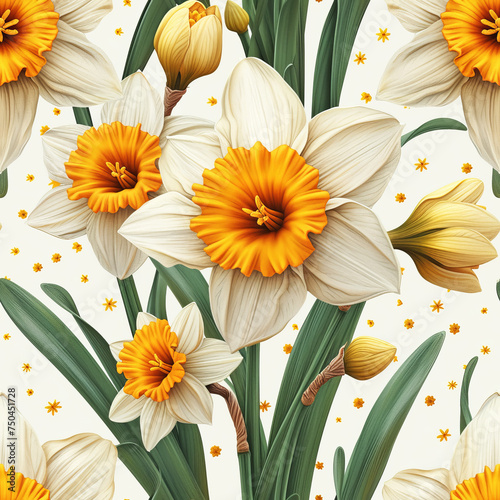 daffod flower pattern, frameless pattern to enlarge and use as graphic element like background, tiles, ai generated photo