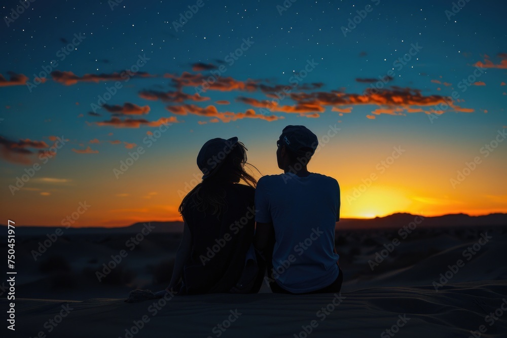 A romantic couple enjoying the sunset on a sand dune, perfect for travel or relationship concepts