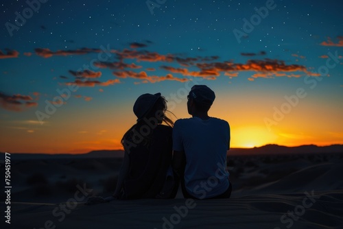 A romantic couple enjoying the sunset on a sand dune  perfect for travel or relationship concepts
