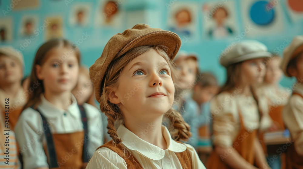 A young girl in a classroom setting, wearing a vintage-inspired outfit with a brown cap, looks upwards with a hopeful expression. She is surrounded by other children in similar attire. A young girl in a classroom setting, wearing a vintage-inspired outfit with a brown cap, looks upwards with a hopeful expression. She is surrounded by other children in similar attire.