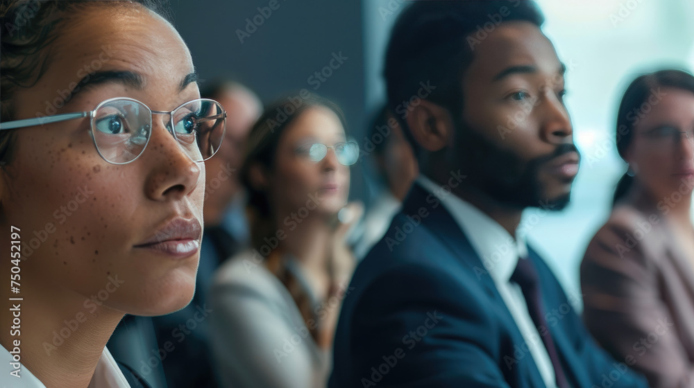 Obraz premium A group of people attending , listening to a speaker, with a conference room