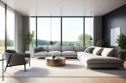 interior of a large living room with sofas and armchairs  a coffee table and floor-to-ceiling windows. Bright room  minimalism