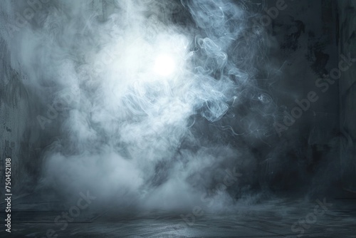 A dark room with smoke coming out of it, suitable for concepts of fire, danger, or mystery