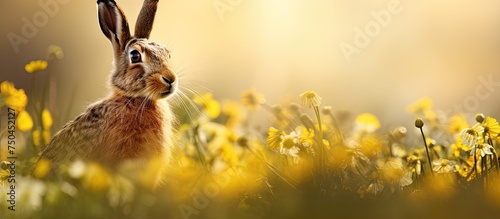 Majestic Rabbit Frolicking in a Meadow of Vibrant Flowers Under the Gentle Sunlight